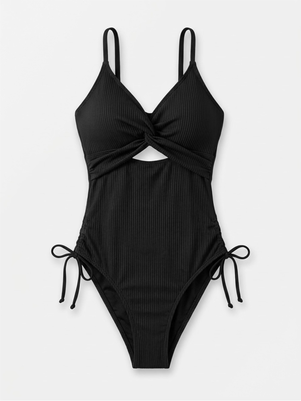 Amazon Black Ribbed Twist-Knot One-Piece Swimsuit with Side Ties